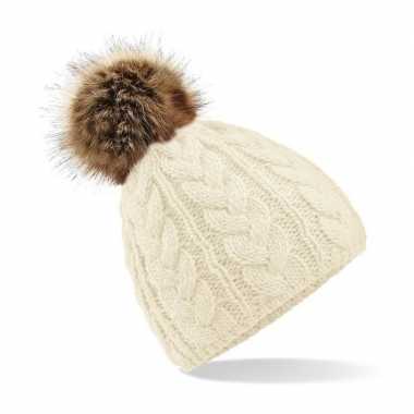 Creme witte warme gebreide skimuts pompon dames kopen