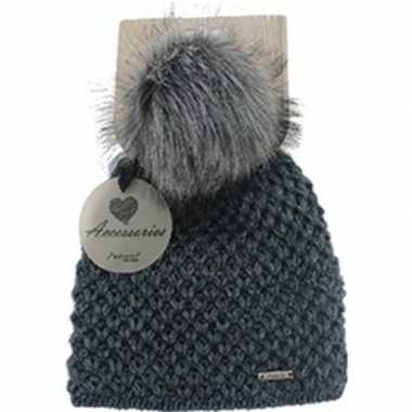 Donker grijze gebreide beanie/skater muts bont bolletje dames kopen