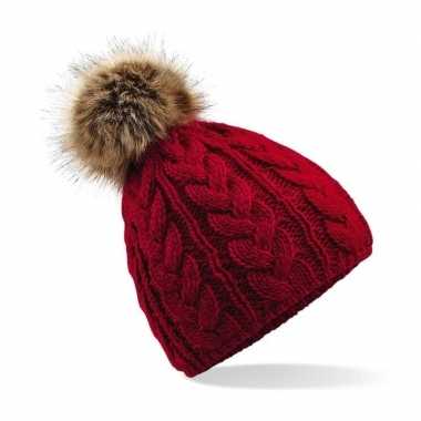 Rode warme gebreide skimuts pompon dames kopen