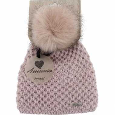 Roze gebreide beanie/skater muts bont bolletje dames kopen