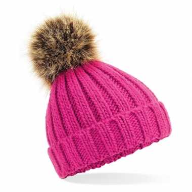 Roze warme grof/chunky gebreide skimuts bonten pompon dames kopen