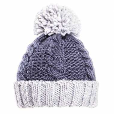 Warme gebreide schaatsmuts pompon grijs/navy jongens kopen
