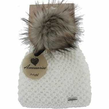 Witte gebreide beanie/skater muts bont bolletje dames kopen