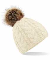 Creme witte warme gebreide skimuts pompon dames kopen