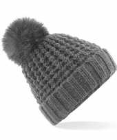 Grijze warme popcorn grof gebreide skimuts pompon dames kopen