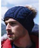 Navy warme gebreide skimuts pompon dames kopen