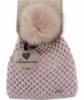 Roze gebreide beanie skater muts bont bolletje dames kopen