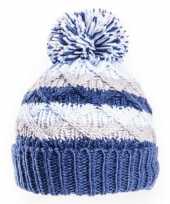 Warme gebreide babymuts pompon blauw grijs kopen